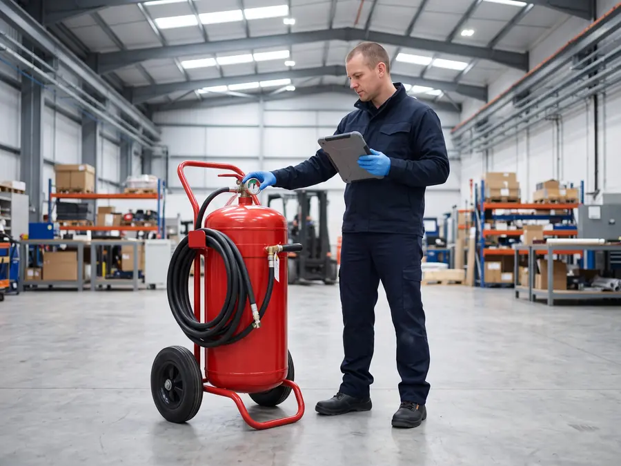 Techniker wartet einen fahrbaren 50-kg-Feuerlöscher in einer Industriehalle