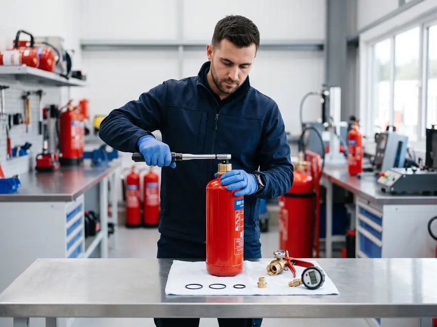 Geöffneter Feuerlöscher auf der Werkbank bei der inneren Prüfung