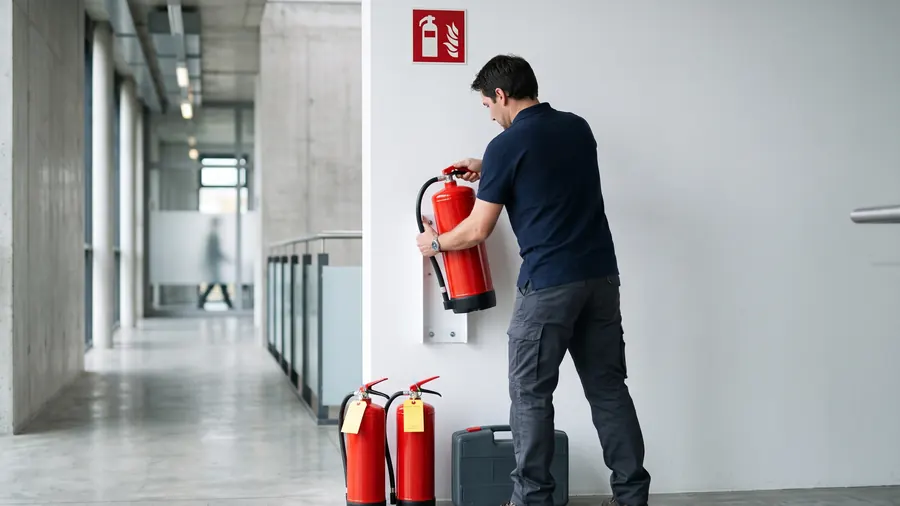 Techniker montiert einen neuen Feuerlöscher am Wandhalter, weitere Neugeräte stehen bereit